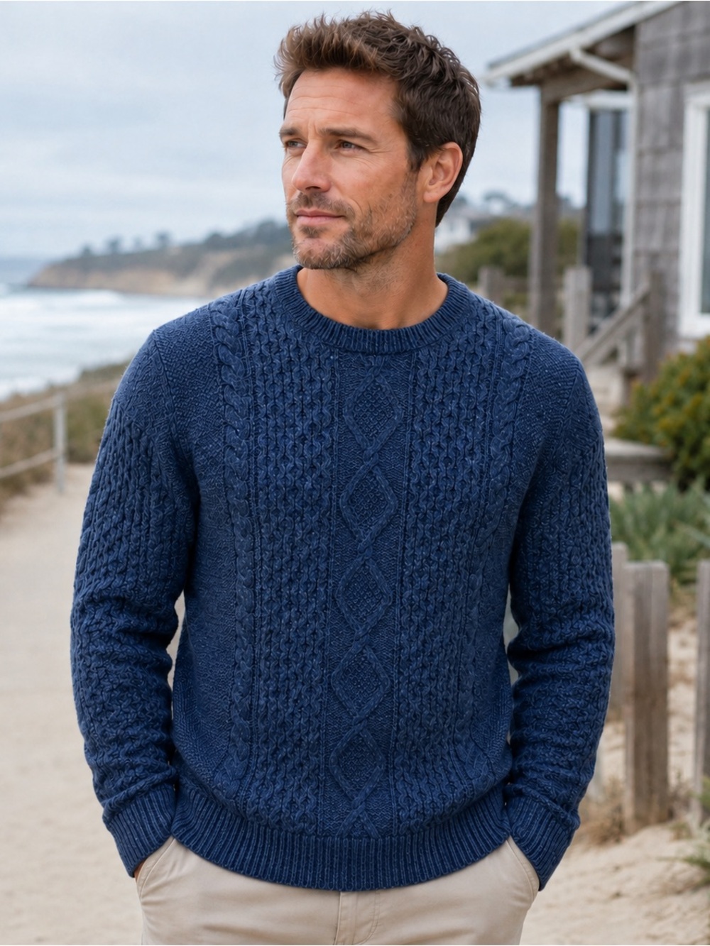 GAP Fisherman Cable Knit Sweater Men's Size M Navy Crewneck Cotton Blend Preppy